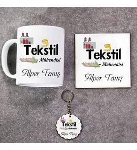Tekstil Mühendisi Kupa Bardak Altlık ve Anahtarlık Hediye Seti (Model 1)