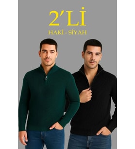 Erkek Fitilli Triko Kazak 2’li Set – Siyah - Haki Kalın Dokuma Pamuklu Regular Fit V Yaka Fermuarlı Uzun Kollu Rahat Kışlık Kazak Kombini