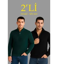 Erkek Fitilli Triko Kazak 2’li Set – Siyah - Haki Kalın Dokuma Pamuklu Regular Fit V Yaka Fermuarlı Uzun Kollu Rahat Kışlık Kazak Kombini