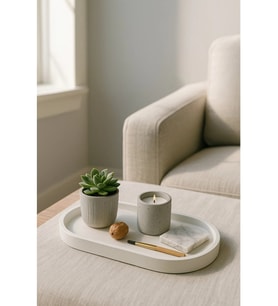 Beyaz Beton Oval Tepsi – Şık ve Dayanıklı Dekoratif Sunum Tepsisi (18×9 Cm)