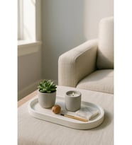 Beyaz Beton Oval Tepsi – Şık ve Dayanıklı Dekoratif Sunum Tepsisi (18×9 Cm)