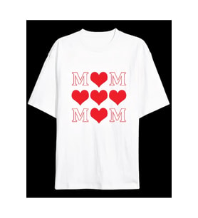 Anneler Günü Hediye MOM Kalp Baskılı Oversize Bisiklet Yaka T-shirt - Beyaz