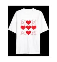 Anneler Günü Hediye MOM Kalp Baskılı Oversize Bisiklet Yaka T-shirt - Beyaz