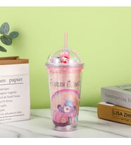 Sevimli Işıklı ve Pipetli Bardak, 450 ml, Pullu ve Kapaklı, Pembe, 20x8 (Pembe)