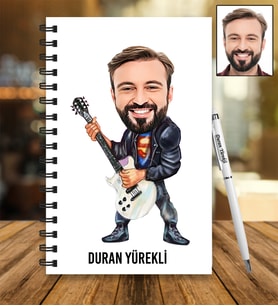 Kişiye Özel Gitarist Tasarımlı Karikatür Ahşap Defter Ve Kalem Seti 91