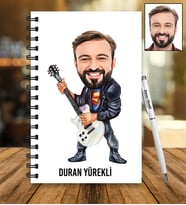 Kişiye Özel Gitarist Tasarımlı Karikatür Ahşap Defter Ve Kalem Seti 91
