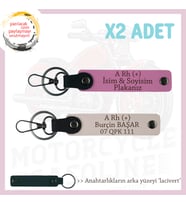 Motorcuya, İsim Plaka ve A Rh (+) Kan Grubu Yazılı Özel Tasarım Deri x2 Anahtarlık, Pudra-Pembe-Laci