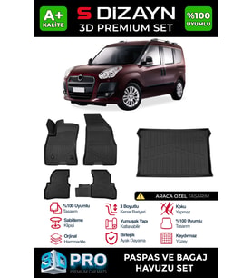 S-Dizayn Fiat Doblo Geniş Aile 3D Pro Havuzlu Paspas ve Bagaj Havuzu Seti (2'li SET) 2010-2022 A+ Kalite