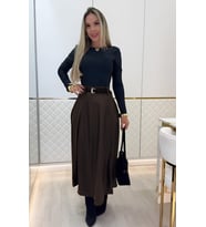 Kadın Yüksek Belli Maxi Deri Kemersiz Etek (KAHVE)
