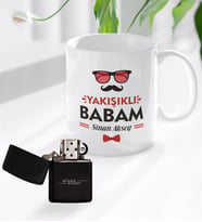 BK Gift Kişiye Özel Yakışıklı Babam Tasarımlı Kupa Bardak ve Benzinli Çakmak Seti - Model 3