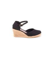 Gerçek Elişi Bilekten Bantlı Topuğu Açık Keten Espadril Dolgu Topuk Handmade (Siyah)