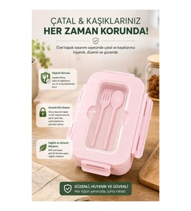 Piev Kilitli Sızdırmaz Çatal Kaşıklı 2 Bölmeli Beslenme Kabı Pembe