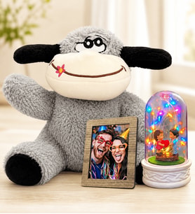Kişiye Özel Fotoğraflı Renkli LED Işıklı Kalp Tutan Çiftli Fanus ve Peluş Eşek Sevgiliye Kadına Hediye