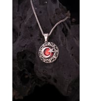 925 Ayar Gümüş Kırmızı Zirkon Taşlı Ayyıldız Erkek Kolye