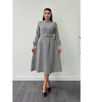Kazayağı Desenli Midi Elbise - SİYAH