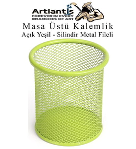 Açık Yeşil Silindir Masa Üstü Kalemlik 1 Adet Metal Fileli Renkli Perforeli Yuvarlak Kalemlik Ofis Büro Okul
