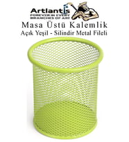 Açık Yeşil Silindir Masa Üstü Kalemlik 1 Adet Metal Fileli Renkli Perforeli Yuvarlak Kalemlik Ofis Büro Okul