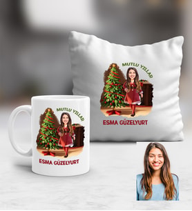 Kişiye Özel Karikatürlü Yılbaşı Hediyesi Kupa ve Yastık Hediye Seti Noel Anneye Hediye (Beyaz)