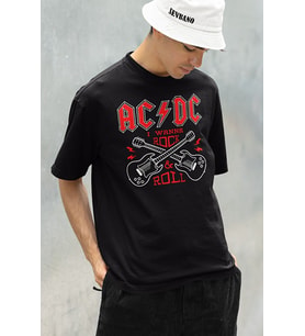 I Wanna Rock & Roll AC DC Baskılı Unisex Oversize Tişört