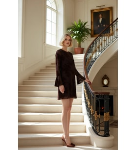 Kadın Bisiklet Yaka Uzun Kollu Bodycon Kalıp Çiçekli Desenli Tül Elbise Fonksiyonel Modern