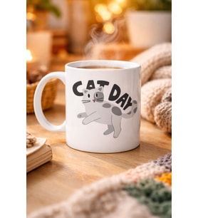 Cat Day Kedi Desenli Porselen Kupa MODEL 67 – Sevimli Kedi Figürlü, Günlük Kullanıma Uygun, Kahve & Çay Kupası