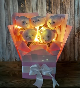 Premium LED Işıklı Romantik Pembe Peluş Ayıcık Buketi, Yıldönümü, Özel Gün - Sevdiğinize Hediye