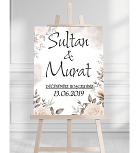 Söz Nişan Düğün İçin 50x70 Karşılama Panosu - Beyaz Çiçek Desenli 003