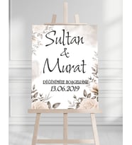 Söz Nişan Düğün İçin 50x70 Karşılama Panosu - Beyaz Çiçek Desenli 003