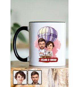 Eşe Hediye Uçan Balon Temalı Karikatürlü Siyah Kupa Bardak