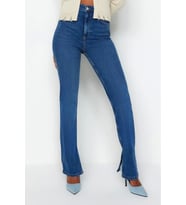 Stil Kadın Moda Denim Kot Pantolon Uzun Boru Paça Yırtmaçlı Süper Yüksek Bel Slim Jeans (Koyu Mavi)
