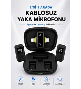 Kablosuz Yaka Mikrofonu 2'li Type-C Lightning Uyumlu Çift Mikrofonlu Gürültü Engelleme Şarj Kutulu