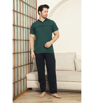 Erkek %100 Pamuk Pijama Takımı -3 Düğmeli-Robalı 12383 ENİSENA (Petrol Yeşili)