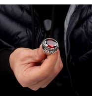 Kırmızı Zirkon Taşlı 925 Ayar Gümüş Erkek Yüzük