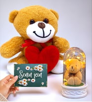 Kalpli Sevimli Peluş Ayıcık, Senin İçin Kartı ve Led Işıklı Fanus Seti (Model 6)