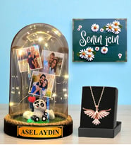 Premium Set - Kişiye Özel Led Işıklı Fanus ve Zümrüdü Anka Kuşu Kolyesi (Model 4)