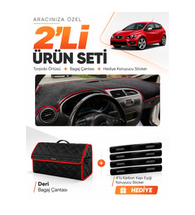 SEAT LEON (2005-2012) Uyumlu Torpido Örtüsü + Deri Bagaj Çantası + Sticker Seti - Siyah Kırmızı