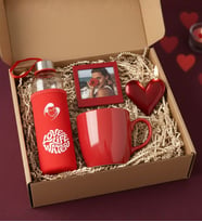 Kalpli Çakmak & Kişiye Özel Kırmızı Çerçeve & Kırmızı Love Life Water Matara & Kırmızı Kupa Bardak Hediye Seti