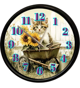 Ayçiçekleri ve Sevimli Yavru Kedi Dekoratif Duvar Saati 28 Cm Sessiz Mekanizma