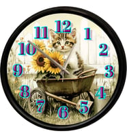 Ayçiçekleri ve Sevimli Yavru Kedi Dekoratif Duvar Saati 28 Cm Sessiz Mekanizma