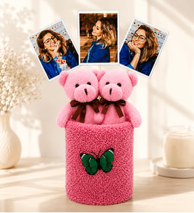 Kişiye Özel 3 Fotoğraflı Peluş Anı Buketi Ayıcıklı Tasarım Sevgiliye Arkadaşa Kadına Hediye (pembe-pembe)