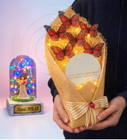Kişiye Özel Renkli Işıklı Fanus ve Aynalı Led Işıklı Kırmızı Kelebek Buketi – Romantik Hediye Seti (Model 4)