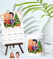 BK Gift Kişiye Özel Sevgililer Yılbaşı Karikatürlü Kupa Bardak ve 13x18cm Fotoğraf Kartlı Şövaleli 2024 Takvim Hediye Seti-4