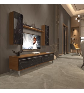 Decoraktiv Eko 5D Mdf Std Krom Ayaklı Tv Ünitesi Tv Sehpası - Beyaz - Pera (Ceviz - Siyah Mermer)