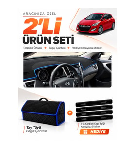 e-biz HYUNDAİ İ30 (2012-2016) Uyumlu Torpido Örtüsü + Tay Tüyü Bagaj Çantası - Siyah-Mavi - HU005