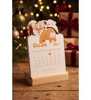 Ahşap Standlı Özel Kesim Neşeli Corgi Tasarımlı 2027 Masaüstü Takvimi (8,5x12 cm) - Sevimli Yeni Yıl Hediyesi