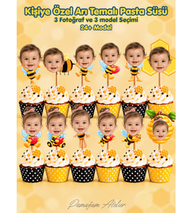 Pamuğum Atelier Kişiye Özel Fotoğraflı Arı Temalı Cupcake Süsü Bebek, Çocuk Doğum Günü Pasta Süsü (6-12-18-24-30 Adet)