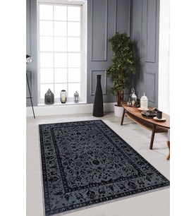 Antrasit Vintage Kaymaz Tabanlı Dekoratif Halı RV287 - 100 x 160 cm
