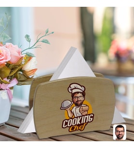 BK Gift Kişiye Özel Erkek Chef Karikatürlü Lüks Ahşap Peçetelik-15