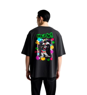 Retro Kedi Meow Tasarımı Baskılı Erkek Oversize Tişört