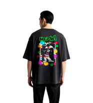 Retro Kedi Meow Tasarımı Baskılı Erkek Oversize Tişört